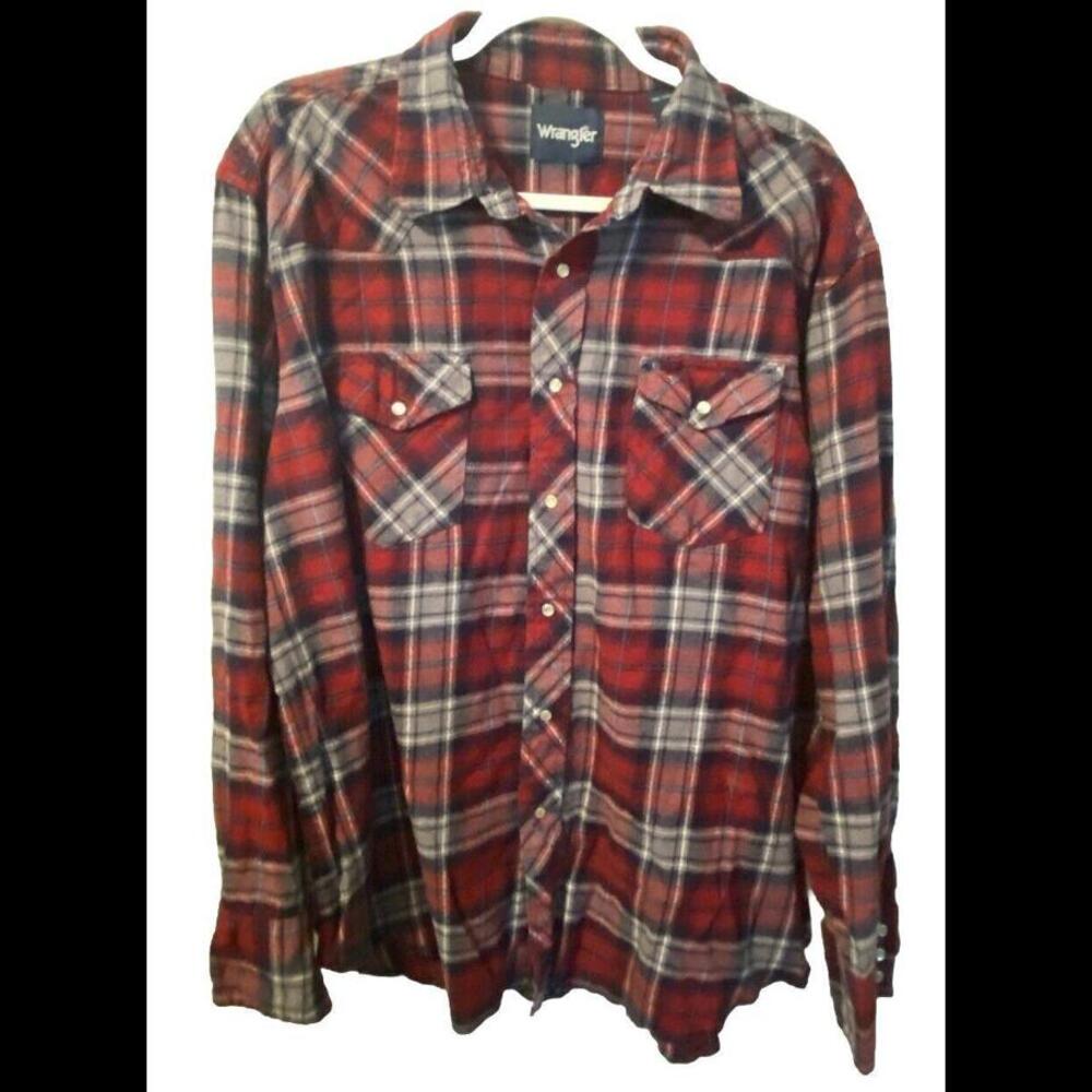 Mens Wrangler XXL Red Plaid Flannel Pearl Snap Long Sleeve Shirt